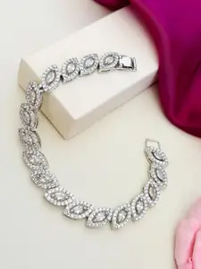 ABDESIGNS Women Brass Silver-Plated American Diamond Studded Wraparound Bracelet