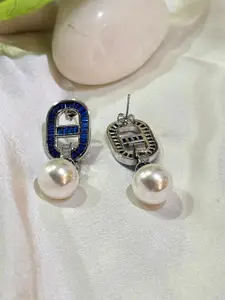 The Jewellery Tale Silver-Plated Stone Studded & Pearls Beaded O Shaped Drop Earrings