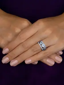 Ornate Jewels  92.5 Sterling Silver Rhodium -Plated AD Studded Heart Band Finger Ring