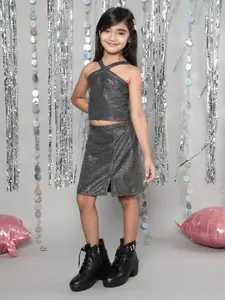 taffykids Girls Embellished Halter Neck Sleeveless Top With Skirt