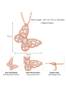 Peora Rose Gold-Plated CZ-Studded Butterfly-Shaped Pendant With Chain