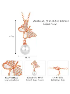 Peora Rose Gold-Plated CZ -Studded & Pearls Beaded Butterfly Shaped Pendant With Chain