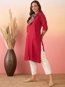 Sangria Maroon Scarf-Tie V-Neck Straight Kurta