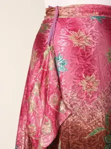 Exotic India Floral Print Silk A-Line Reversible Wrap Maxi Skirt