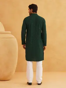 SOJANYA Chevron Embroidered Sequinned Mandarin Collar Pure Cotton Kurta With Churidar