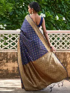 KALINI  Navy Blue Banarasi Silk Ethnic Motifs Saree with Unstitched Blouse Piece