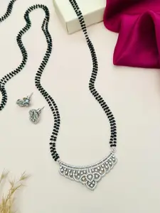 ABDESIGNS Silver-Plated American Diamond Studded & Beaded Mangalsutra With Earrings