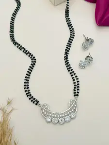 ABDESIGNS Silver-Plated American Diamond Studded & Beaded Mangalsutra With Earrings