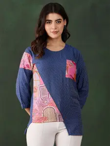 Sangria Kantha Printed Top With Patch Pocket