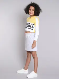 taffykids Girls Colourblocked Hooded Long Sleeves Pure Cotton Sweatshirt With Skirt