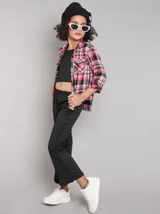 taffykids Girls Checked Shirt Collar Long Sleeves Shirt With Trouser With Top