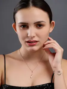 DIAVO 925 Sterling Silver Rose Gold Plated Cubic Zirconia Feather Shaped Pendant