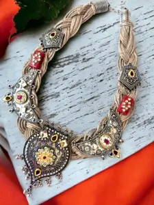 VIVAZS German Silver-Plated Oxidised Kundan Stone Studded Devine Motif Crochet Necklace