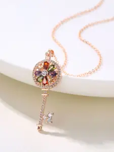 DressBerry Rose Gold-Plated Stone Studded Key-Shaped Pendant With Chain