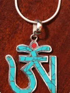 Exotic India Turquoise Colored Tibetan Om (AUM) Inlay Pendant