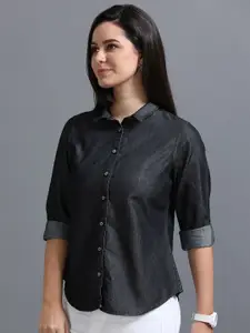 CAZZBA Women Spread Collar Solid Denim Casual Shirt