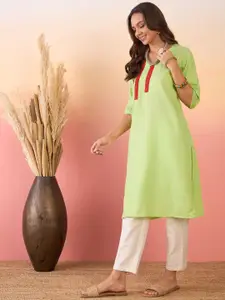 Sangria Lime Green Geometric Yoke Design Thread Work Linen Straight Kurta