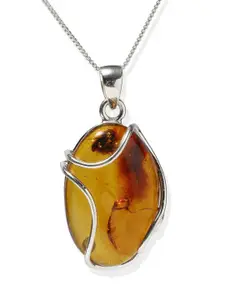 Exotic India Cabochon Amber Stone Oval Cut Sterling Silver Pendant