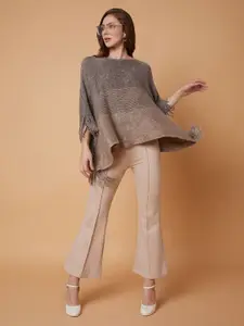 SHOWOFF Women Striped Poncho with Fringed Detail