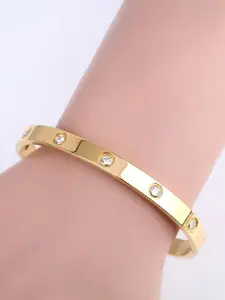 MEENAZ Men American Diamond Gold Plated Stainless Steel Kada Bracelet