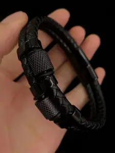 MEENAZ Men Leather Silver Plated Kada Bracelet