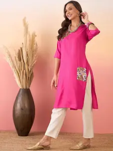 Sangria Fuchsia & White V-Neck Straight Kurtas