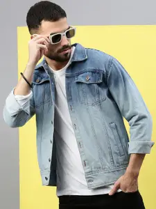 VOXATI Men Washed Denim Jacket with Patchwork