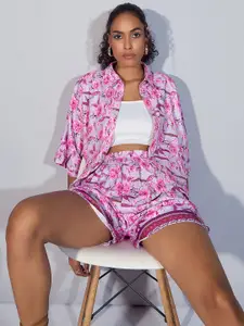 SASSAFRAS Pink Floral Printed Boxy Shirt With Paperbag Shorts