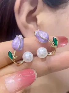 KRENOZ Stainless Steel Pearl Beaded Floral Studs