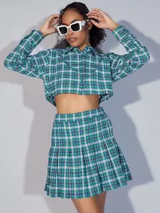 SASSAFRAS Green Checked Pure Cotton Crop Shirt With Mini Skirt