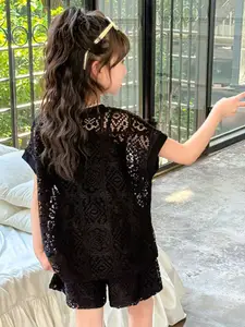 INCLUD Girls Self Design Crochet Top With Camisole & Shorts