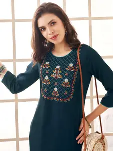 Anouk Floral Embroidered Round Neck Liva Straight Kurta