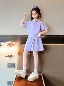 INCLUD Girls Shirt Collar Puff Sleeves Top with Skirt