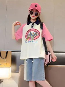 INCLUD Girls Colourblocked Raglan Sleeves T-shirt With Denim Short