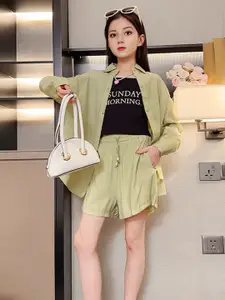 INCLUD Girls Printed Camisole Top With Long Sleeve Shirt & Shorts