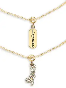 fabula Set Of 2 Gold-Plated Delicate Love Charms Stone Studded Anklets