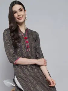 Anouk Geometric Printed Mandarin Collar Liva Straight Kurta