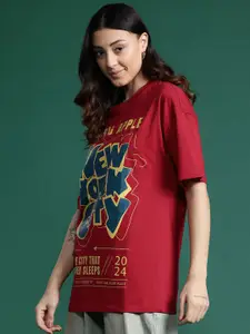 DressBerry Typography Drop-Shoulder Sleeves Pure Cotton Oversized T-shirt