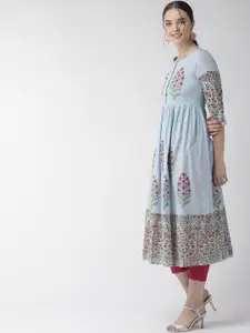 Anouk Blue Ethnic Motifs Printed Round Neck Pure Cotton A-Line Kurta