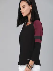 Roadster Women Black Solid Round Neck Pure Cotton T-shirt