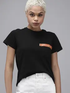 Roadster Women Black & Orange Typography Printed Casual T-shirt