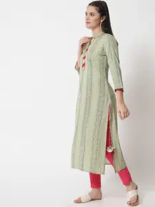 Anouk Green Bandhani Printed Thread Work Mandarin Collar Liva Straight Kurta