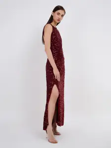 Womenue Women Embellished Velvet Bodycon Maxi Dress