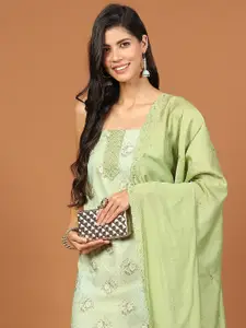 Meena Bazaar Floral Printed Mirror Work Cotton Unstitched Dress Material