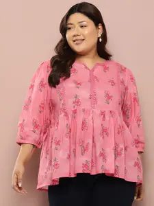 Sztori Plus Size Floral Printed Pure Cotton Gathered Short Kurti