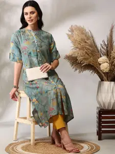Anouk Floral Printed Mandarin Collar Straight Kurta