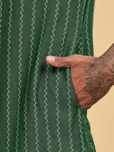 Anouk Green Striped Mandarin Collar Cotton Kurta