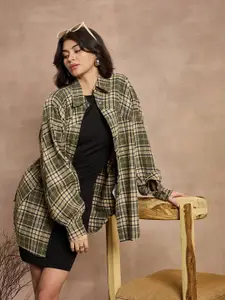 SASSAFRAS Women Relaxed Spread Collar Windowpane Checked Cotton Oversized Casual Shirt