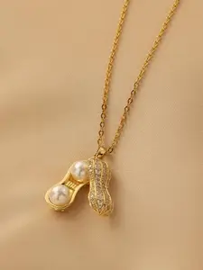 MYKI Stainless Steel Gold-Plated Cubic Zirconia Studded Contemporary Pendant & Chain