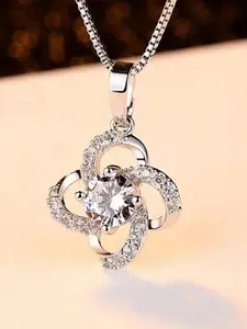 MYKI Stainless Steel Silver-Plated Cubic Zirconia Floral Pendant